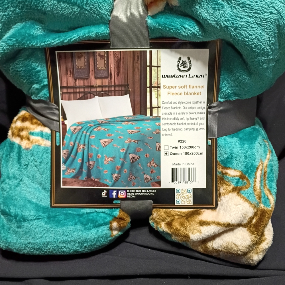 Teal and Brown Flannel Blanket From Western Linen Has Teepees And Wild Horse's